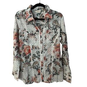 Magazine Women’s Long Sleeve Floral Lace Detailed Button Up Blouse Sz L GUC